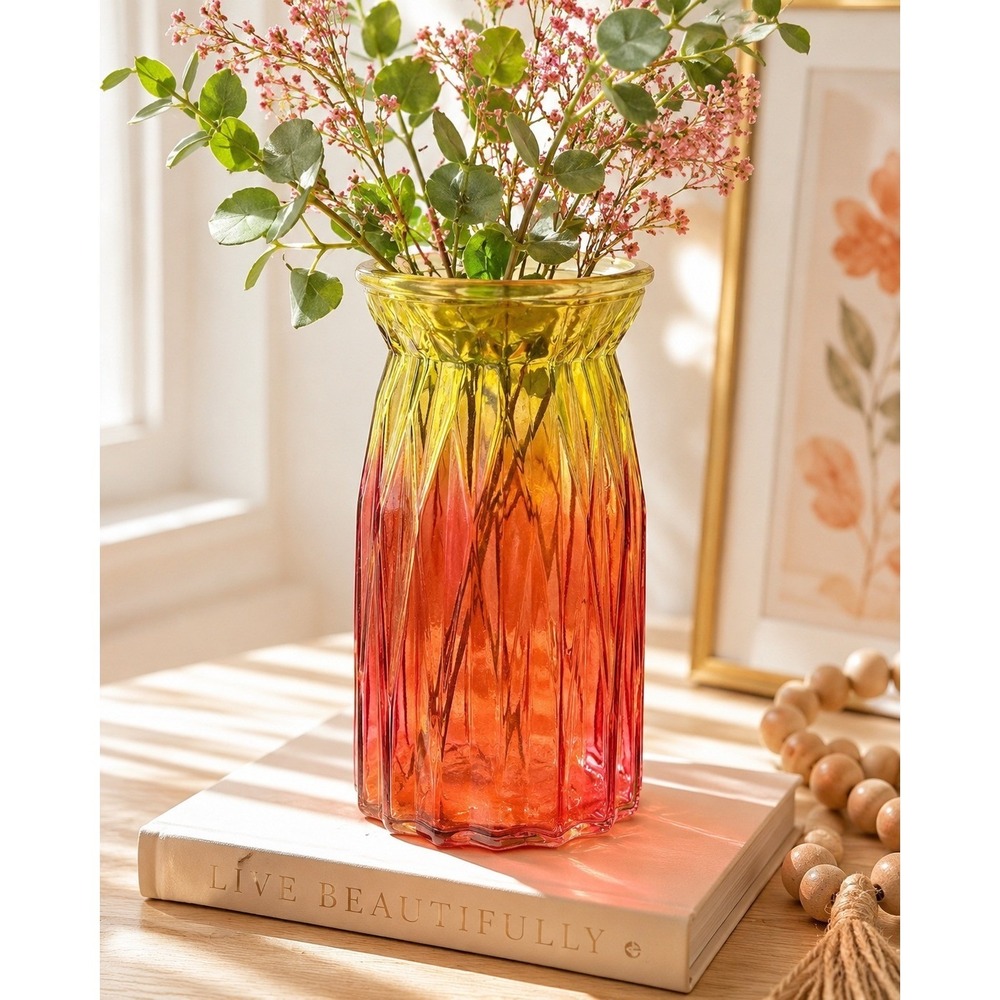 Yellow Pink Ombre Faceted Glass Vase Geometric Sunset Gradient 8.25 Inch